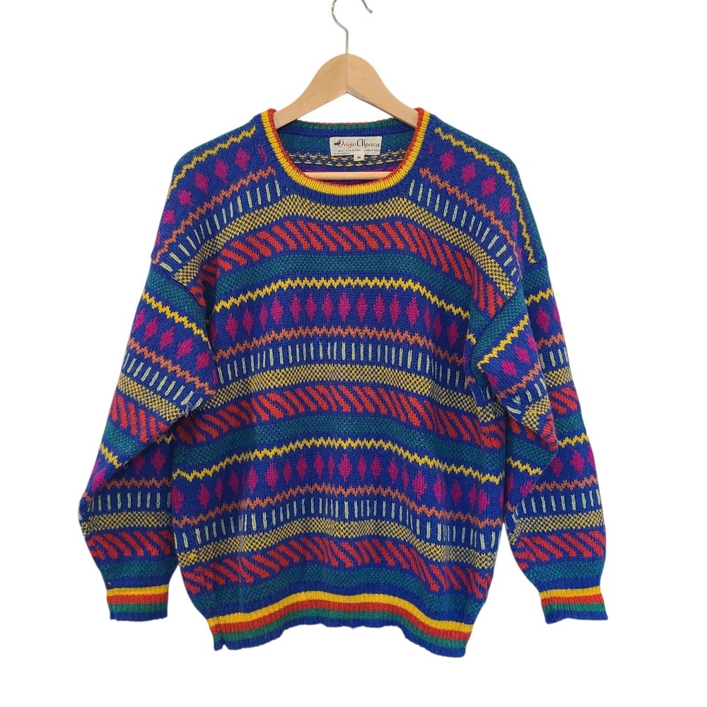 Vintage 100% Alpaca‎ Pullover Crew Neck Sweater Colorful Geometric 80s Cosby